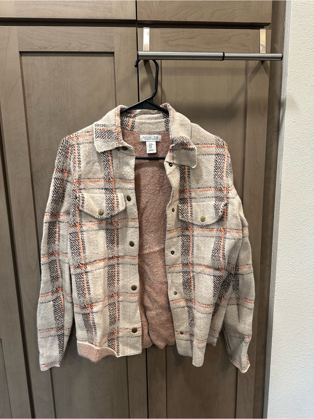 Rachel Zoe Beige and Orange Plaid Lightweight Shacket